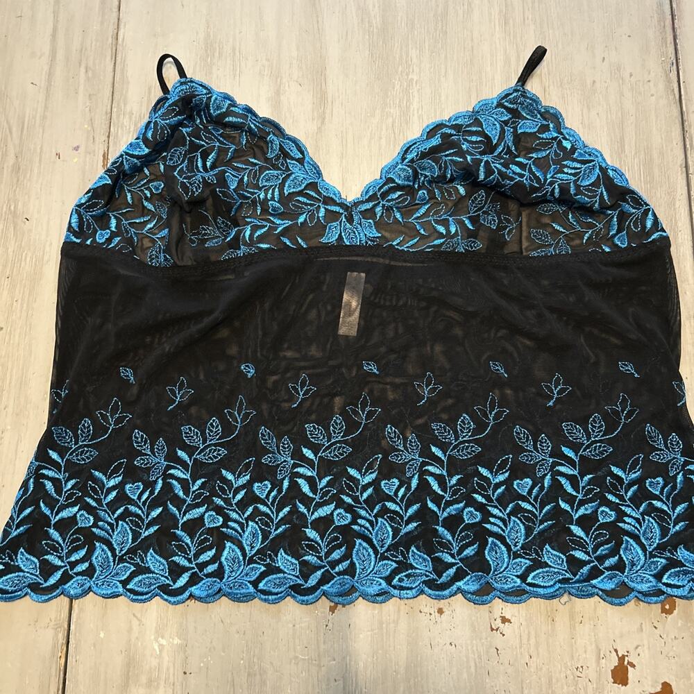 Cacique Black Teal Embroidered Sheer Babydoll Cami Tank Top Sz 22/24